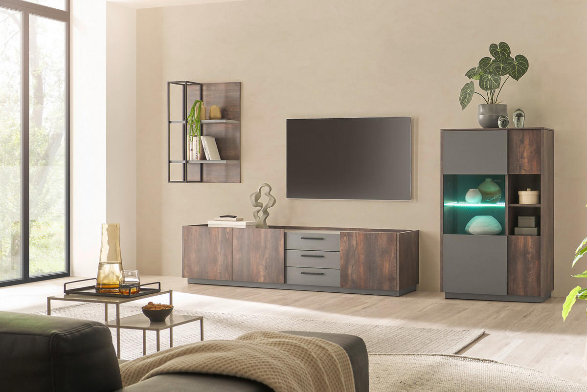 WOHNWAND Thermo Eiche, grau, Set 2-teilig mit XXL TV-Lowboard und Soft-Close - Eichefarben/Grau, Holzwerkstoff/Metall (316/180/45cm) - Furn.Design