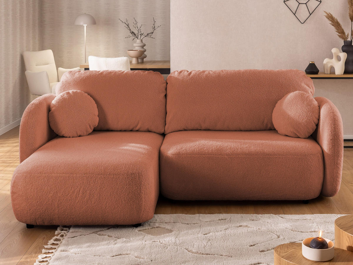 ECKSOFA Candy mit Schlaffunktion Terrakotta Bouclé-Stoff - Ottomane links - Terra cotta/Schwarz, Holz/Kunststoff (230/146cm) - S-Style Möbel