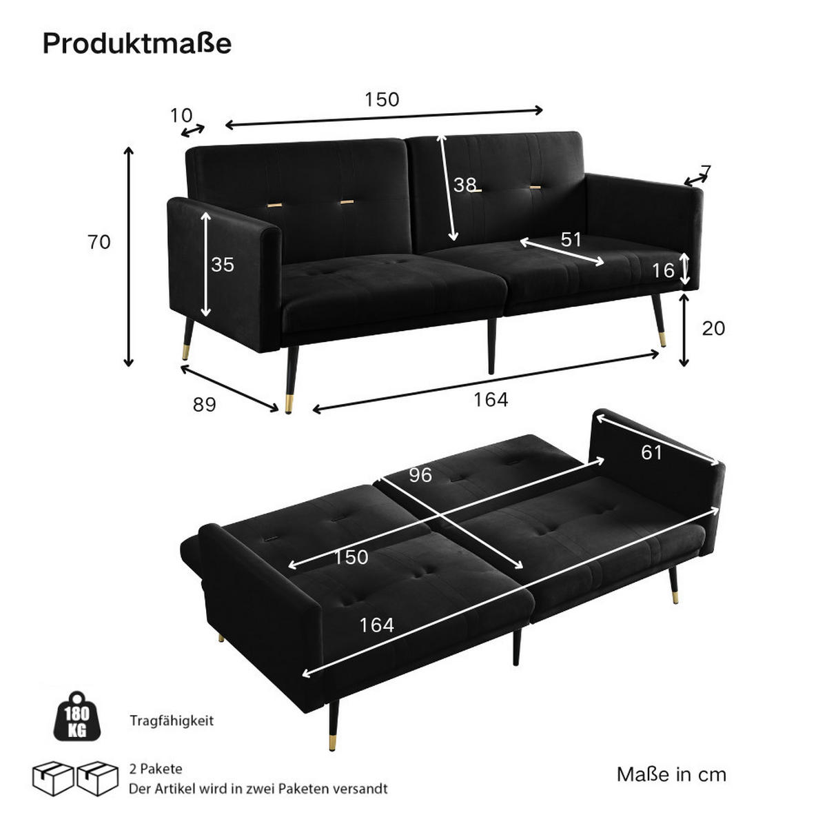 SCHLAFSOFA 2-Sitzer mit verstellbaren Rückenlehnen Samt Black - Schwarz, Holzwerkstoff (164/70/89cm) - Meubliv