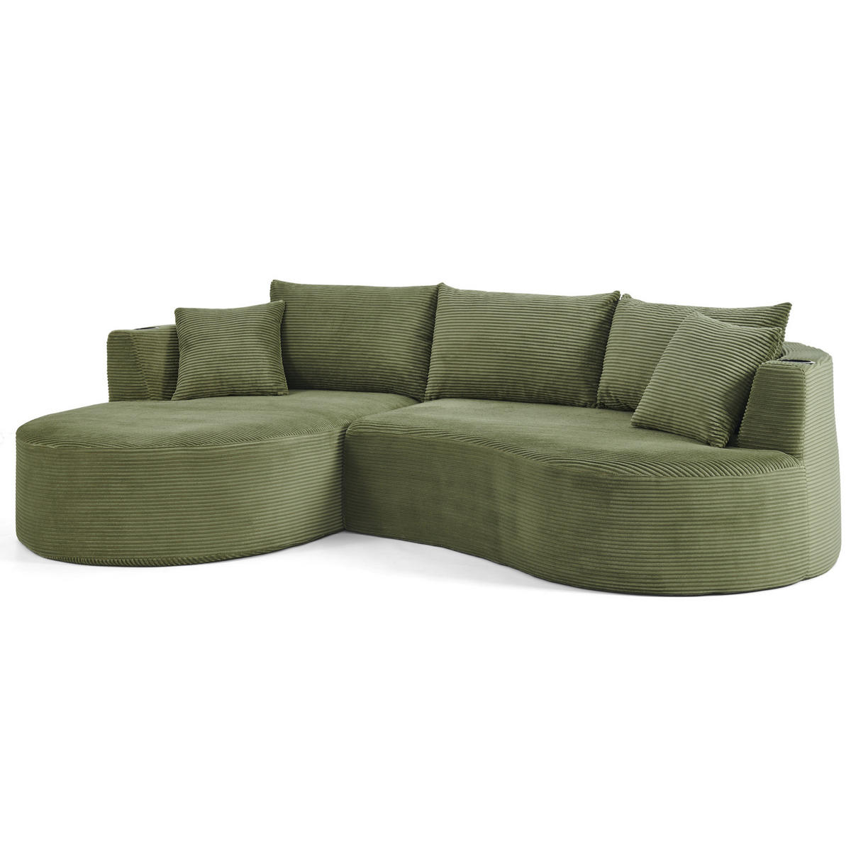 3-SITZER-SOFA mit Getränkehaltern, Kissen und bogenförmigem Design aus Kordstoff und Schaumstoff, Grün - Grün, Kunststoff (264/76/168cm) - Redom