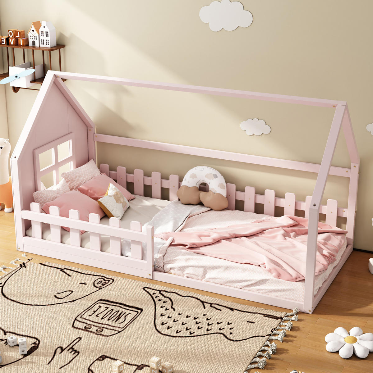 HAUSBETT 90/200 cm in Rosa aus Kiefer und MDF in Hausform - Pink, Holz (90/200cm) - OKMYHOME