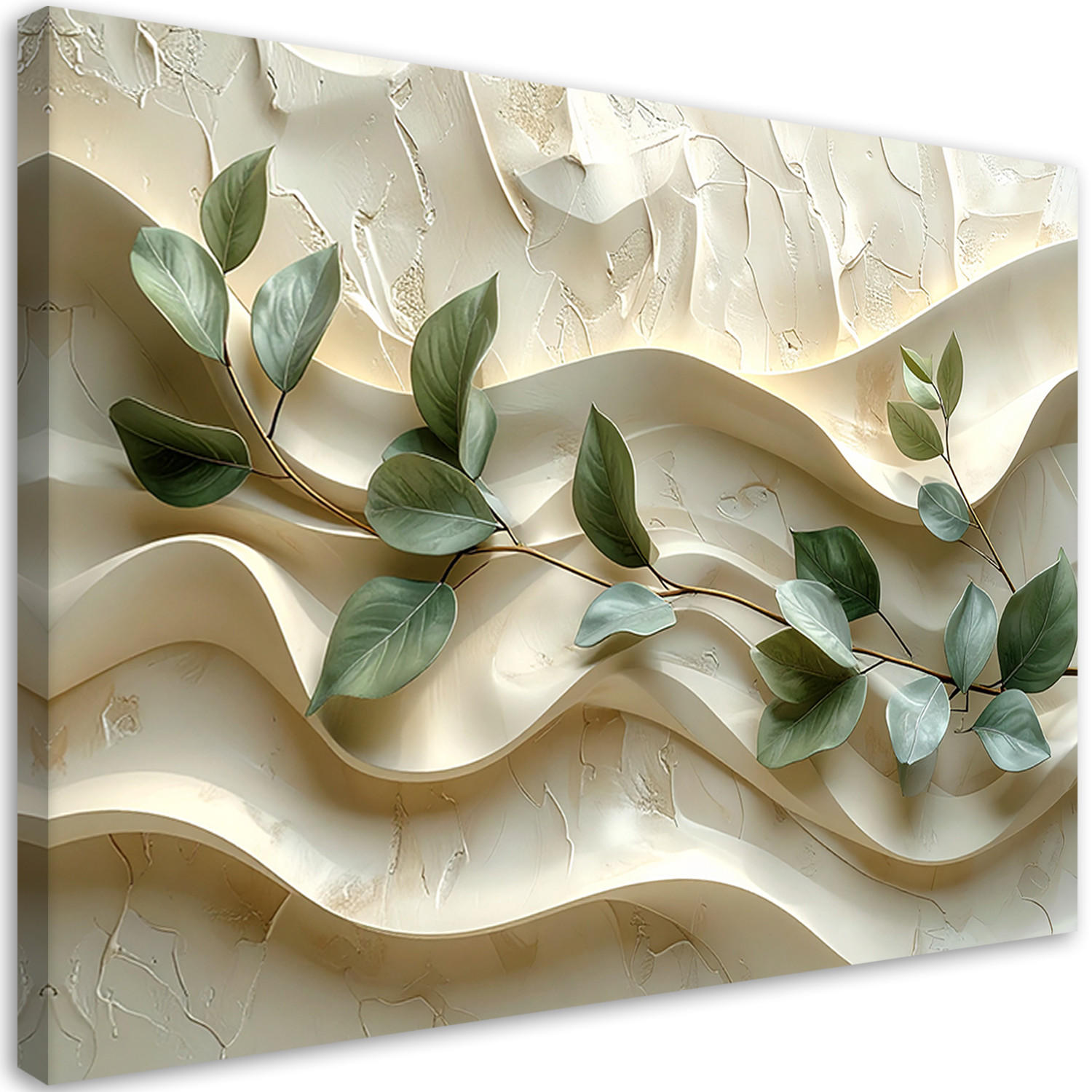 LEINWANDBILD, Grüne Zweige vor welligem Hintergrund - Beige, Textil (30/20cm) - Feeby