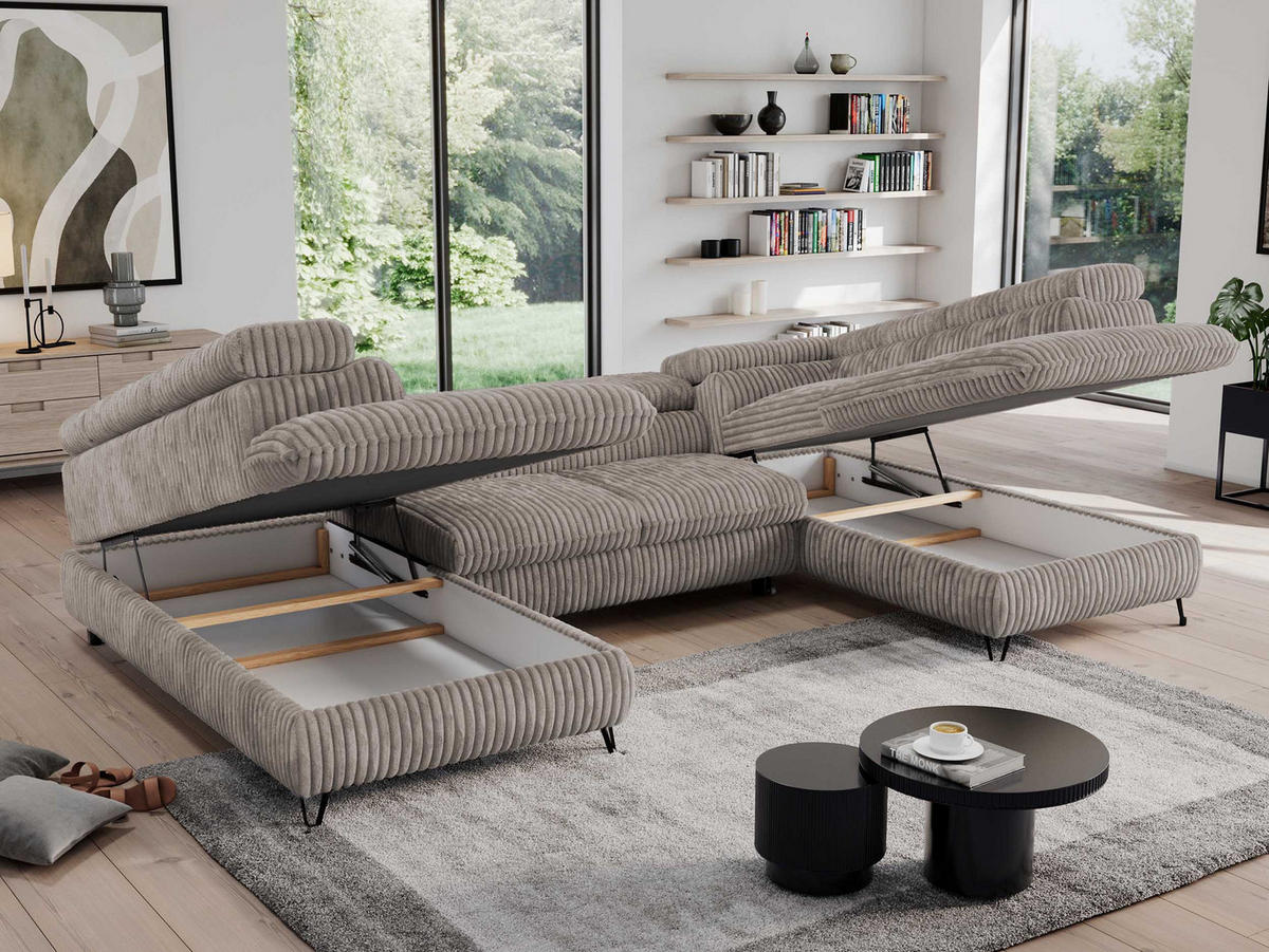 WOHNLANDSCHAFT PEDRO U Cord Hellbraun - Hellbraun/Schwarz, Textil/Metall (346/76/208cm) - MKS