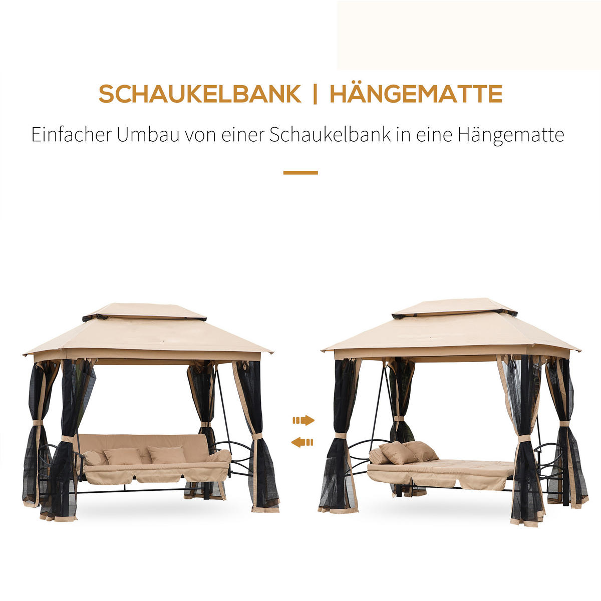 HOLLYWOODSCHAUKEL DE-06995 3-Sitzer, mit Seitenwänden & Moskitonetz, Liegefunktion Beige - Beige/Schwarz, Metall (256/248/172cm) - ComfortXL