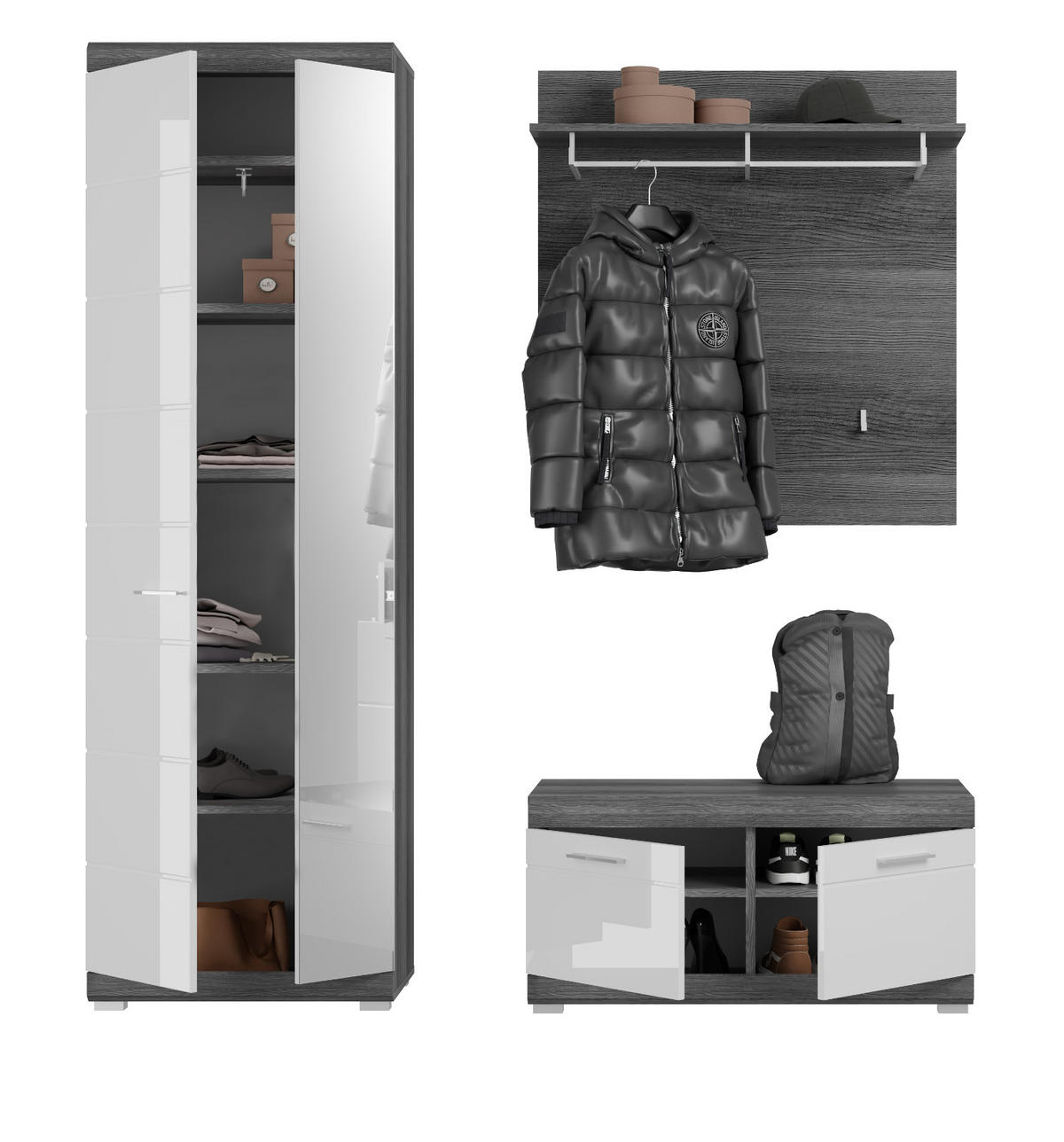 GARDEROBE Set 3-teilig weiß Hochglanz und grau, Garderobenkombination mit Schuhschrank - Chromfarben/Weiß Hochglanz, Holzwerkstoff/Kunststoff (167/197/40cm) - Inn.Furn
