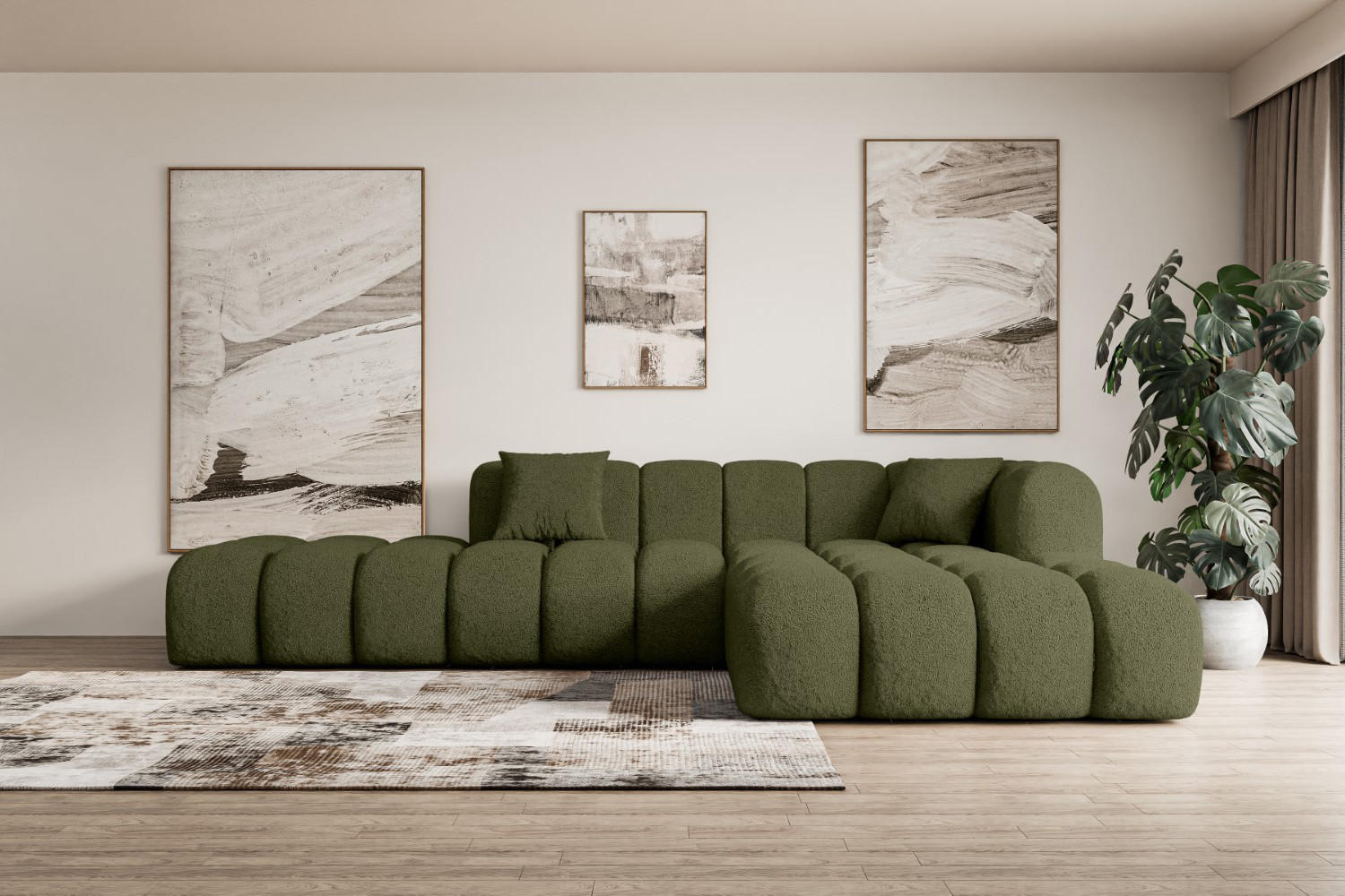 ECKSOFA Ottomane Rechts OLEA-L2 - 289x176x71 cm Grün Bouclé - Schwarz/Grün, Holzwerkstoff/Kunststoff (289/176cm) - ALTDECOR