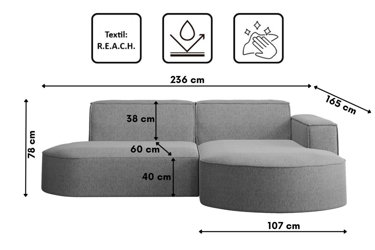 ECKSOFA MODENA L STUDIO Stoff Verita Stahl Rechts - Dunkelgrau, Holz (236/165cm) - Kaiser Möbel