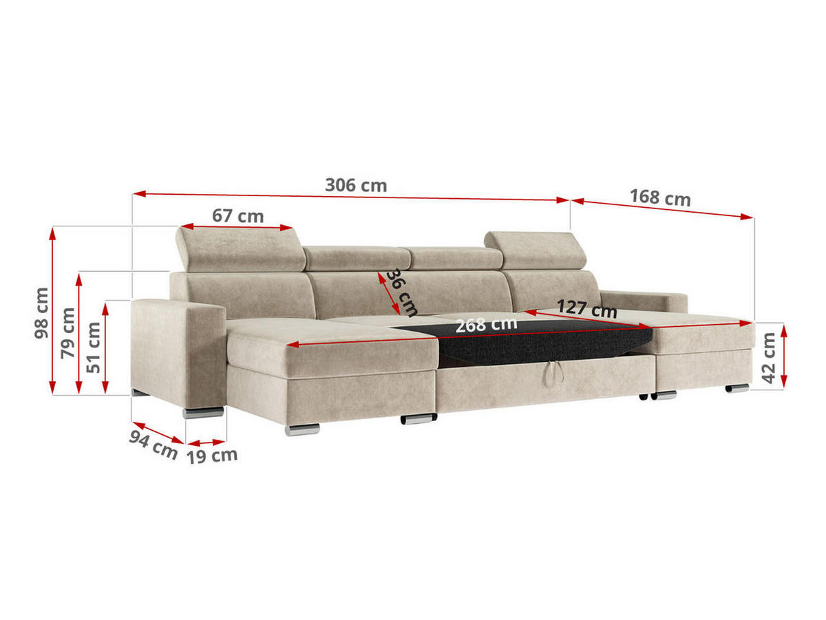 WOHNLANDSCHAFT FOX U Beige - Velvet - Beige/Silberfarben, Kunststoff/Textil (306/98/168cm) - MKS