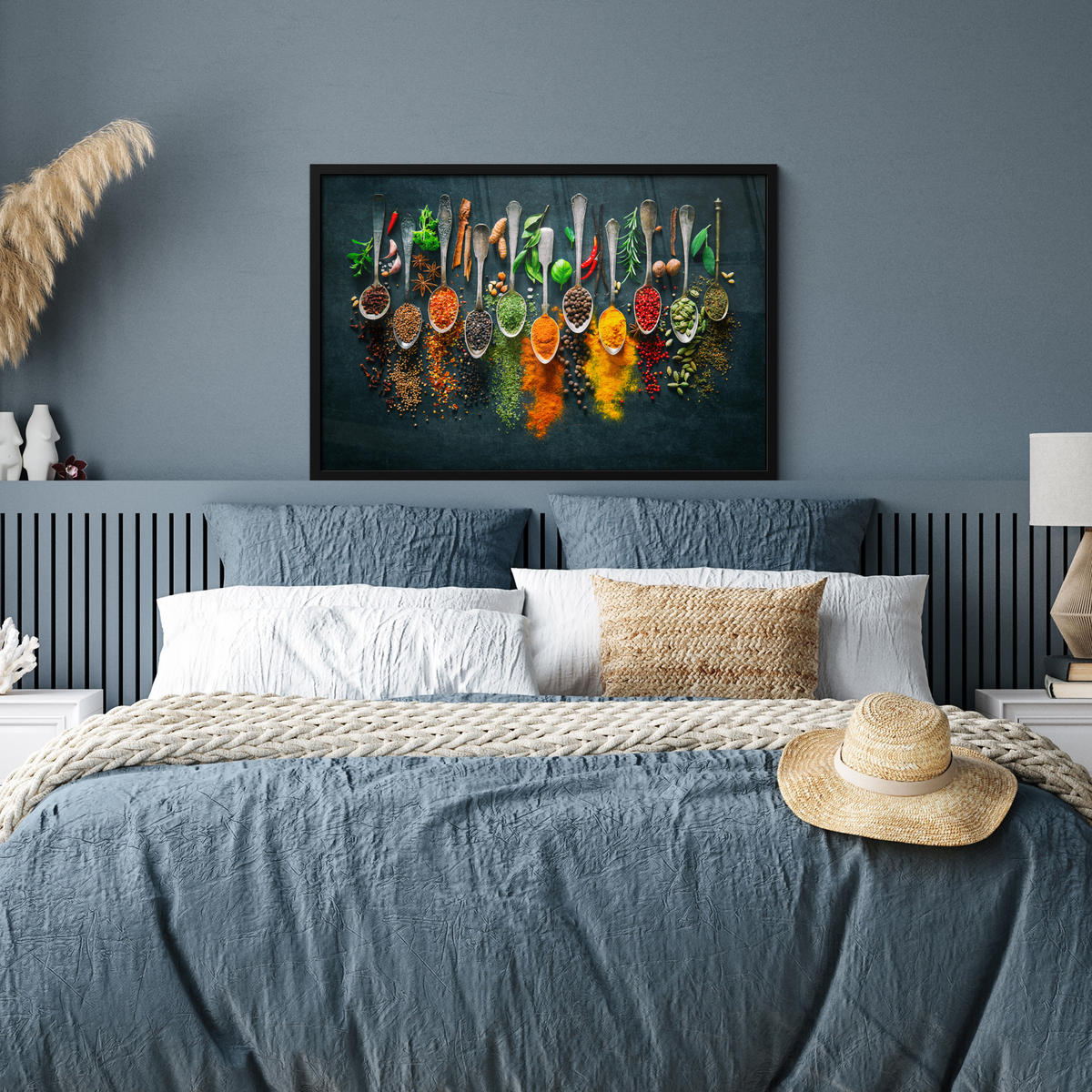 ZARÁMOVANÝ PLAGÁT Bylinky - korenie - lyžičky 90x60 cm - kari žltá, papier (90/60cm) - MuchoWow