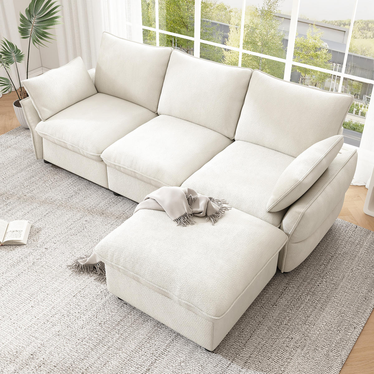 ECKSOFA 222.5/154.5/76.5 cm Beige Chenille mit 1 Fußhocker - Beige, Textil (222.5/154.5cm) - Oxeza