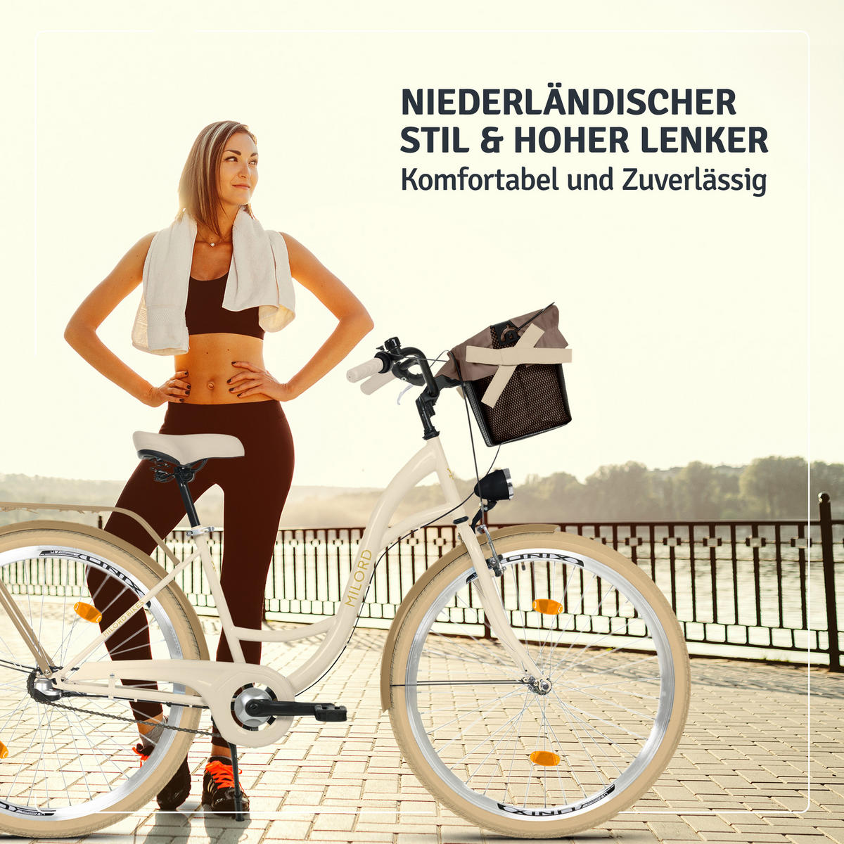 CITY-FAHRRAD Milord mit Metallkorb, 28 Zoll, Creme-Braun, 3-Gang - Creme/Braun, Metall (46cm) - Milordbikes