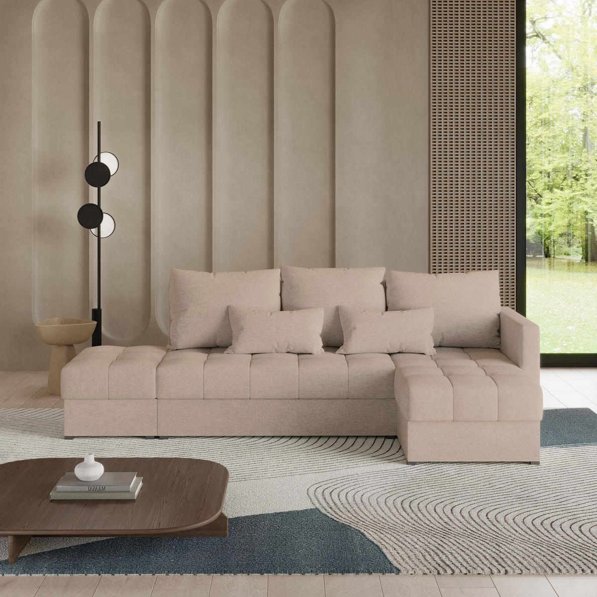 ECKSOFA LUMARI R-S Beige Plüsch-Stoff mit Schlaffunktion - Beige, Holz (262/143cm) - MASSENO