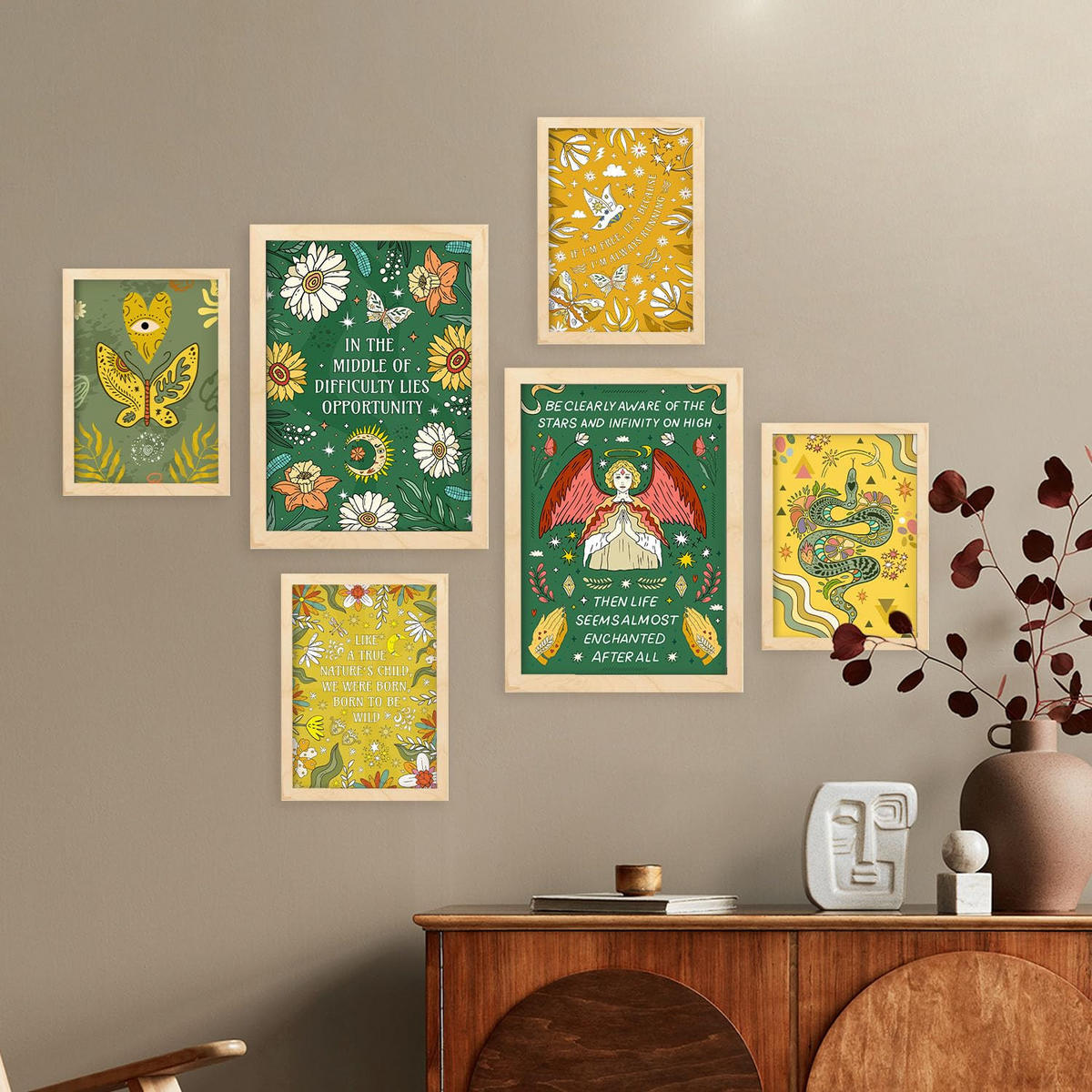 POSTER Set Mit 6 Drucken Von I'M Free In Brilliant Groovy Style Collection Dekorative Rahmen Für Zuhause Wandkunstdruck A3 & A4 Rahmen Aus Hellem Holz - Beige, Papier (29/3cm) - Nacnic