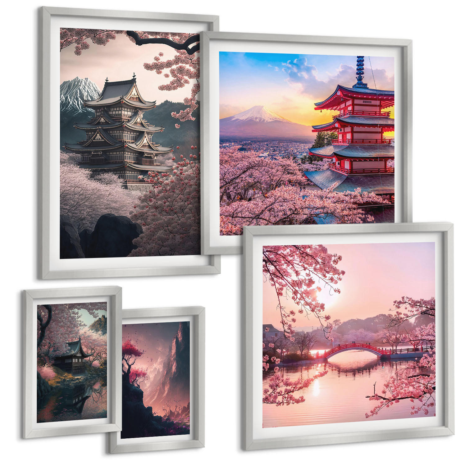 BILDER SET 5er Set - 50x50 cm & 20x30 cm & 40x60 cm Silberner Rahmen - Fantasielandschaften Japans - Silberfarben, Kunststoff (40/60cm) - TULUP