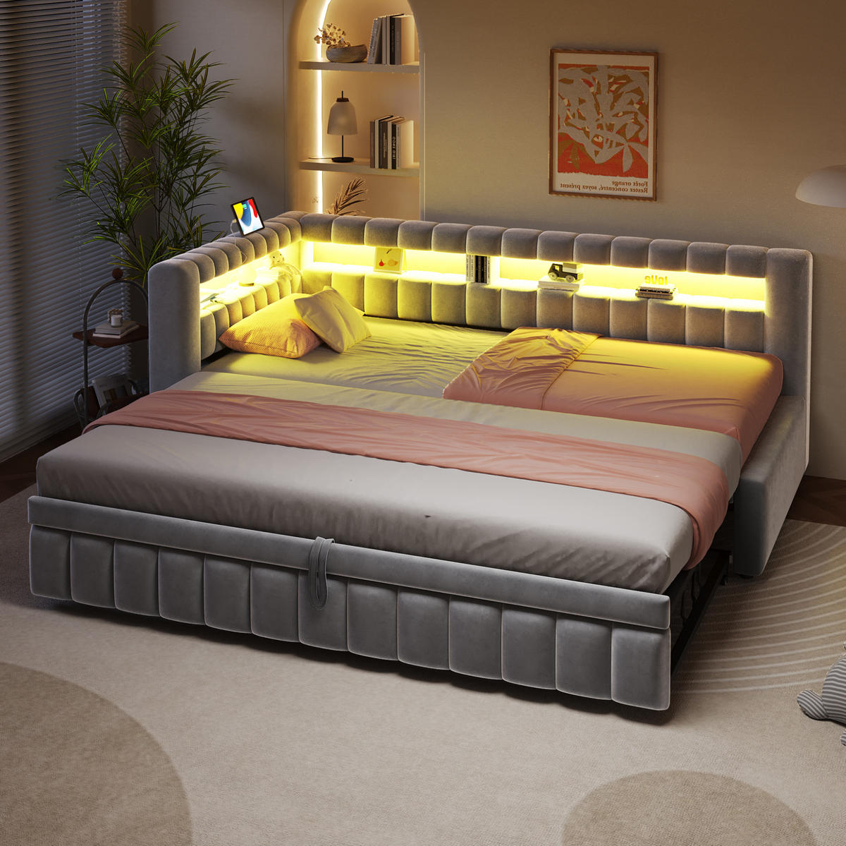 POLSTERBETT 90/200 cm aus Samt mit LED-Beleuchtung und Ladeanschluss, Hellgrau - Hellgrau, Textil (90/200cm) - OKMYHOME