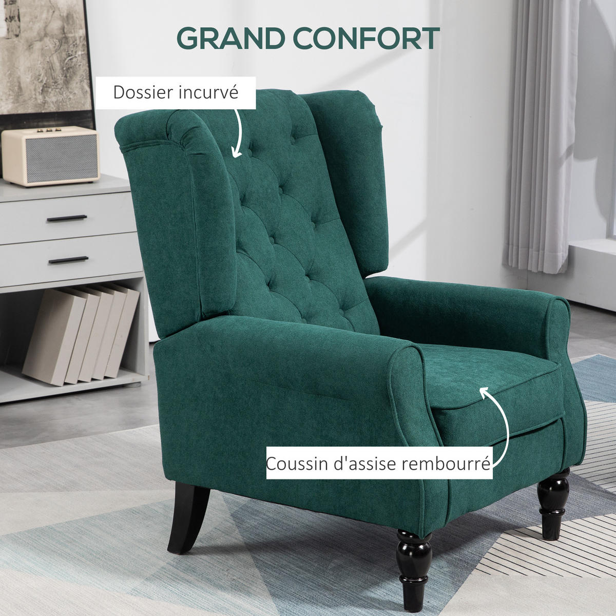 SESSEL DE-13431 Knopfheftung & breite Sitzfläche Grün - Grün, Textil (86/102/74cm) - ComfortXL