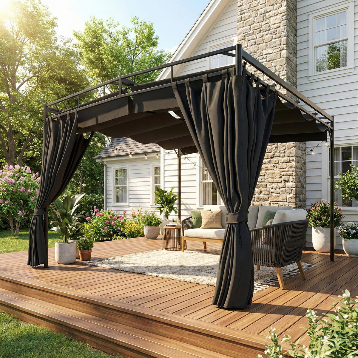 PERGOLA Pavillon 3x3m Wasserabweisend Sonnenschutz mit verstellbares Schiebedach Vorhängen, freistehend - Dunkelgrau, Textil (300/220/300cm)