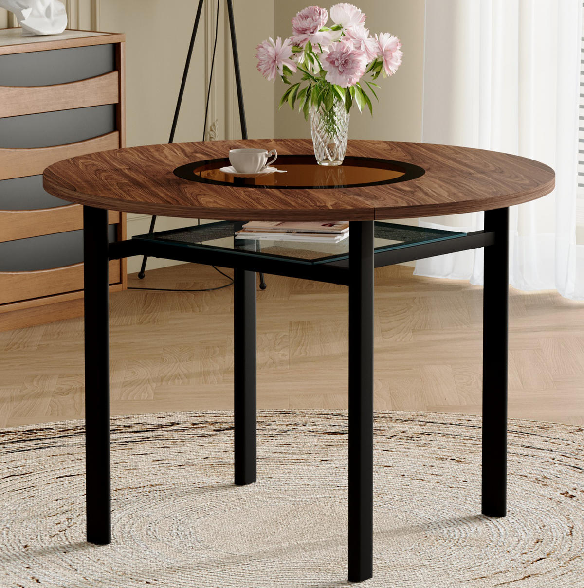 ESSTISCH aus MDF, Glas und Metall 100x100x76 cm Braun/Schwarz mit Glasintarsie und Ablageboden - Braun, Holzwerkstoff (100/100/76cm) - Modfu
