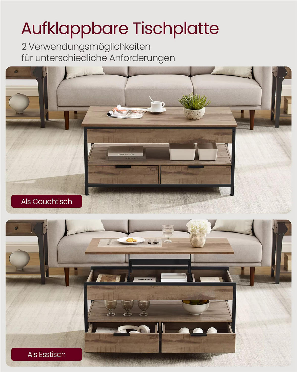 COUCHTISCH 100/50/48-63 cm höhenverstellbar Schublade Braun - Braun, Holz (50/100/63cm) - Kaket