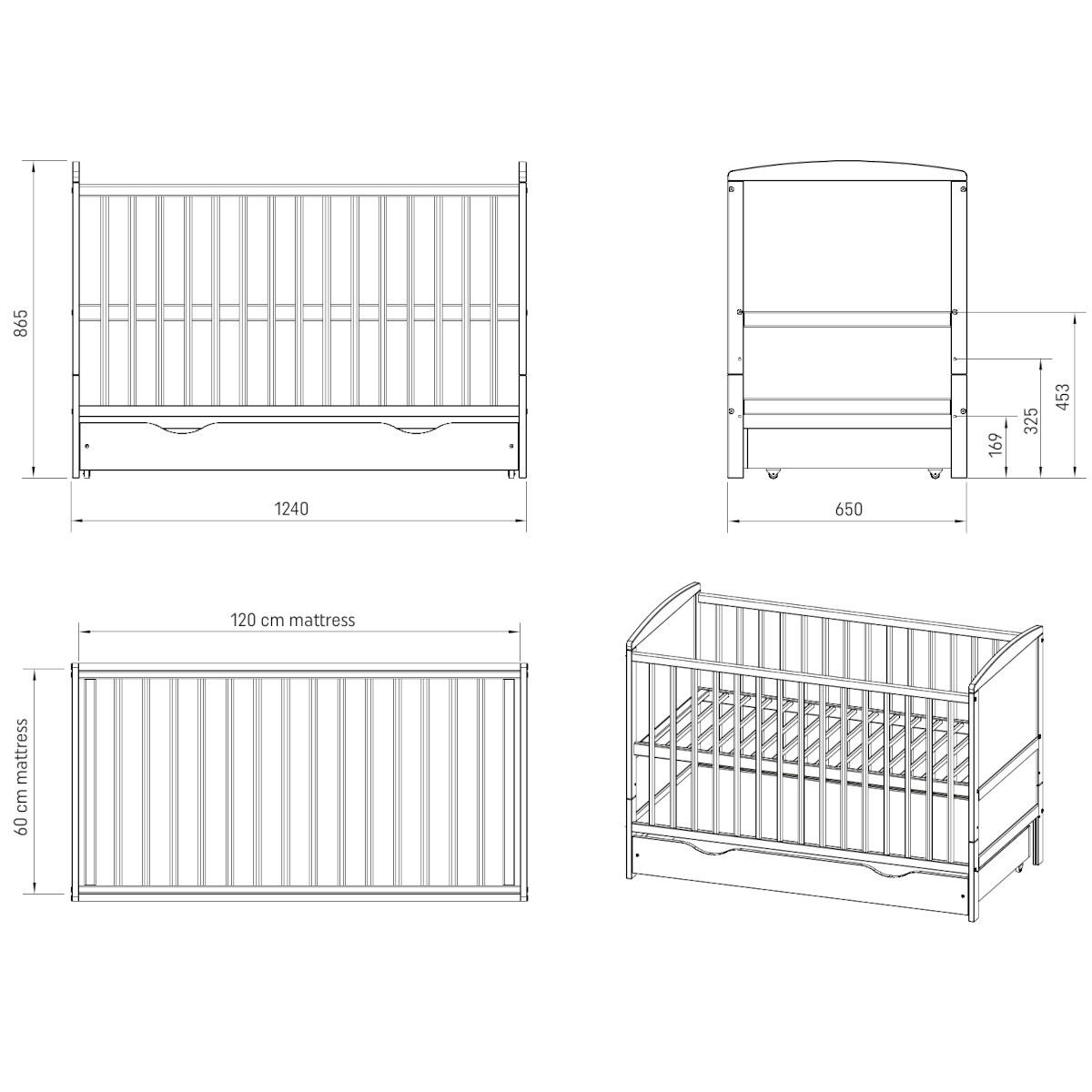 BABYBETT 2-IN-1 mit Schublade mit Matratze 60/120 cm Weiß - Weiß, Holz (60/120cm) - Lettino