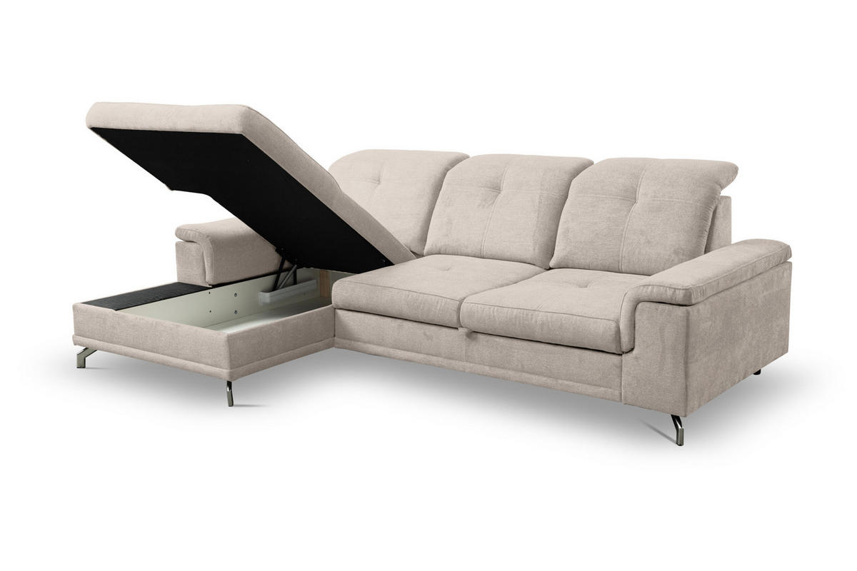 ECKSOFA PANAMA mit Schlaffunktion und Bettkasten, Farbe: Beige, Velourstoff, Ottomane Links - Beige, Textil (270/180cm) - VENASI MÖBEL