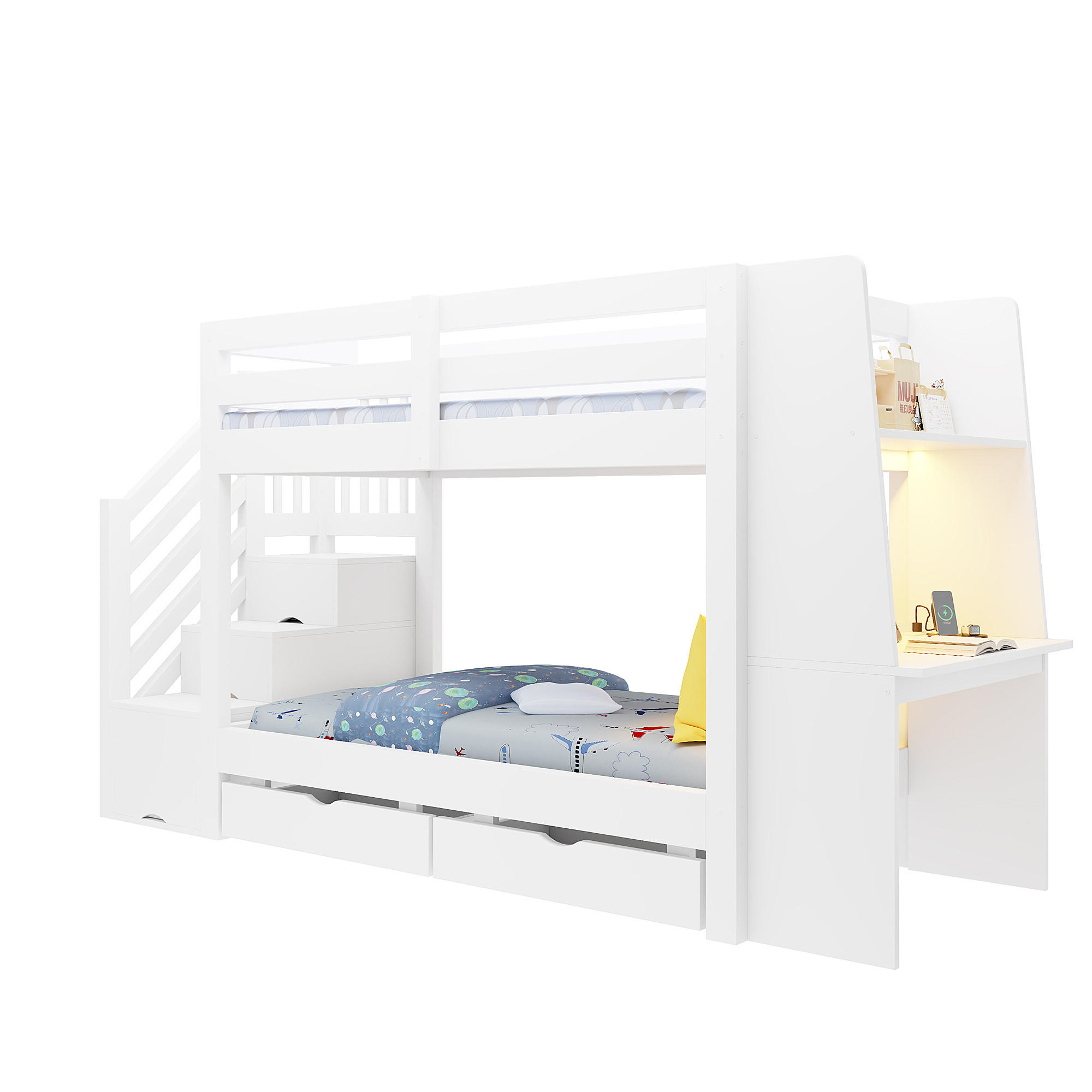 ETAGENBETT 90 x 200 cm mit Schreibtisch, LED und Schubladen, Weiß - Weiß, Holz (90/200cm) - FLIEKS