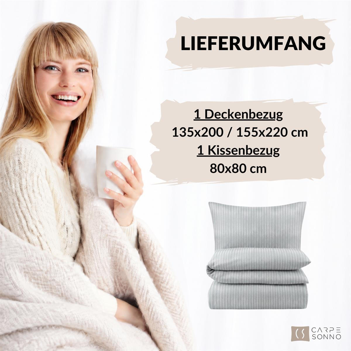 BIBER-BETTWÄSCHE 135x200 - Kuschelig warmer Flanell Bettbezug aus 100% Baumwolle für Herbst & Winter - Streifen Muster - Grau, Textil (135/200cm) - Carpe Sonno