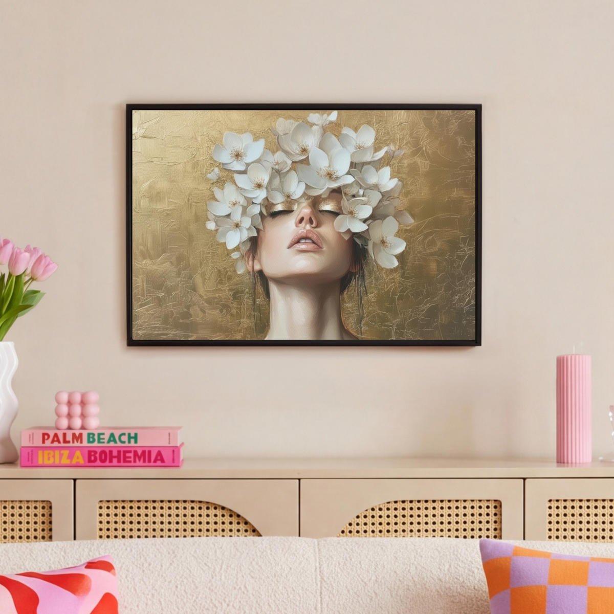 LEINWAND Bilder mit Rahmen - Gesicht - Blumen - Gold - Abstrakt - 60x40 - Goldfarben, Textil (60/40cm) - MuchoWow