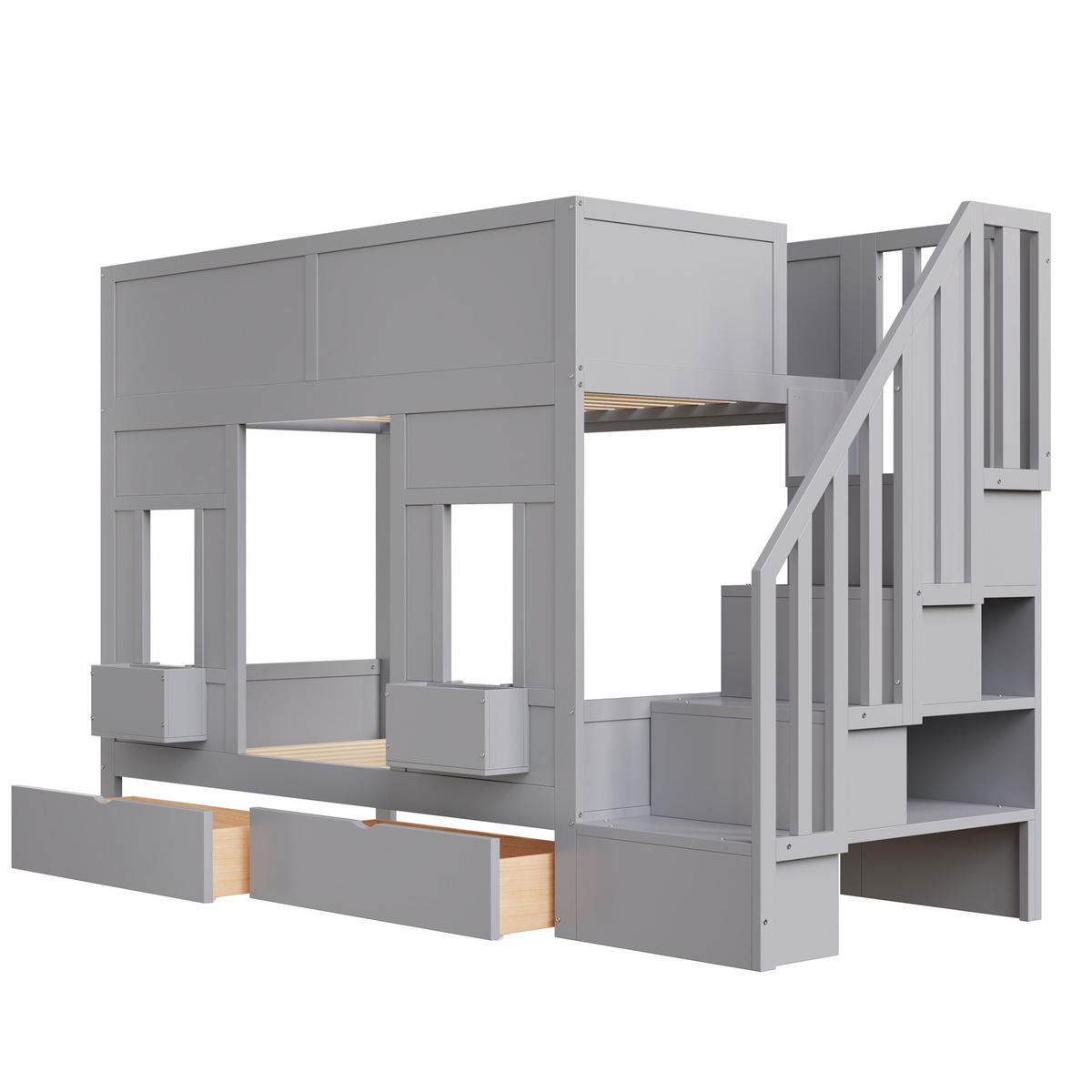 ETAGENBETT 90/200 cm mit Stauraumtreppe, Schubladen und Fensterdesign,Grau - Grau, Holzwerkstoff (90/200cm) - Redom