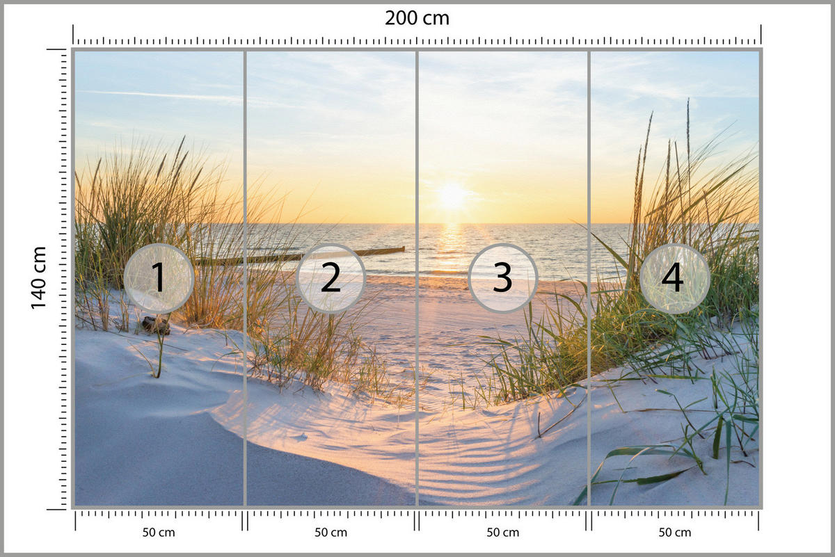 FOTOTAPETE Strand Meer Sonnenuntergang Landschaft 3D 200x140 - Blau/Gelb, Papier (200/140cm) - Muralo