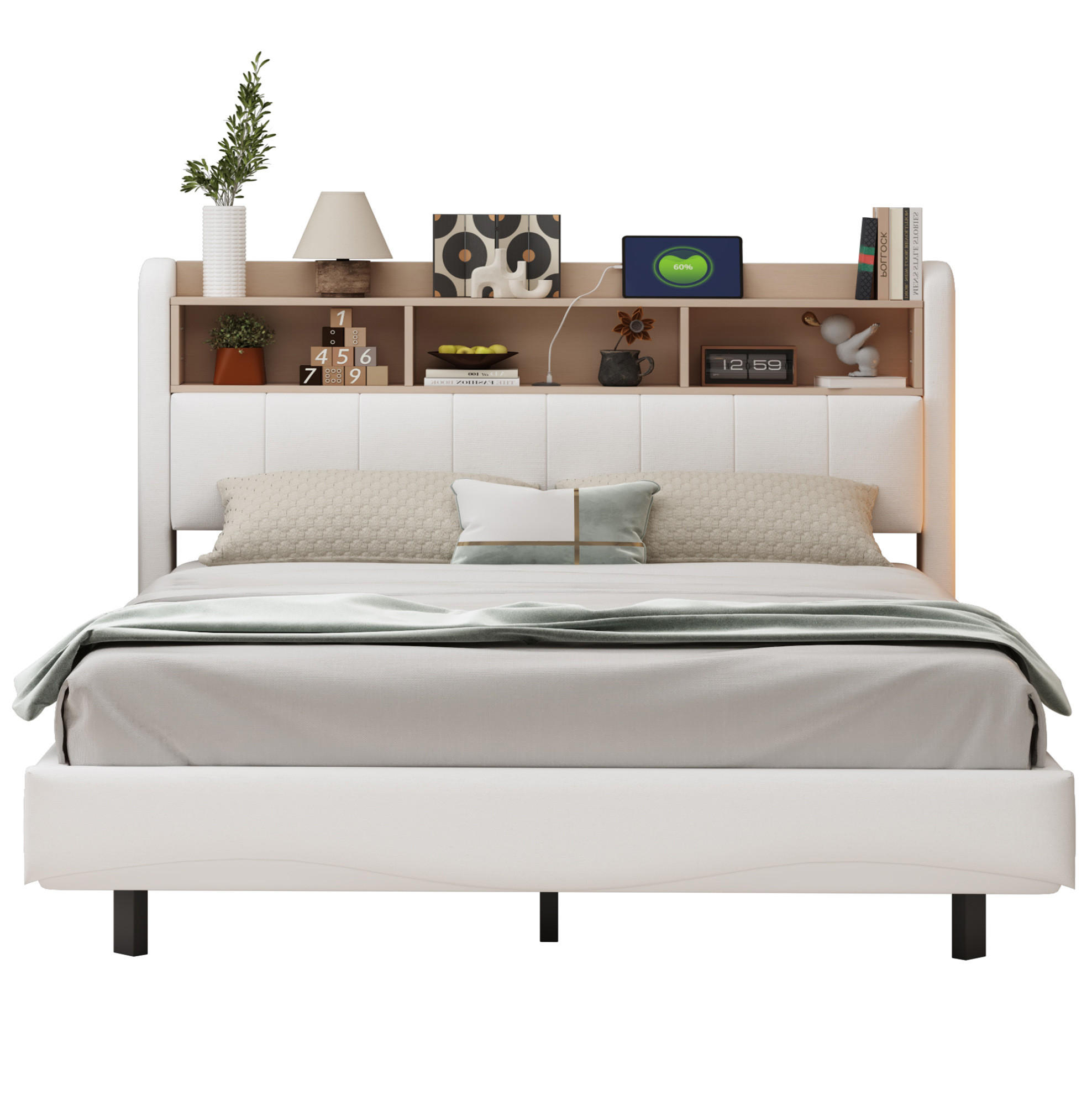 POLSTERBETT 160/200 cm Beige aus Stoff mit LED-Beleuchtung und USB-Anschluss - Beige, Textil (160/200cm) - OKMYHOME