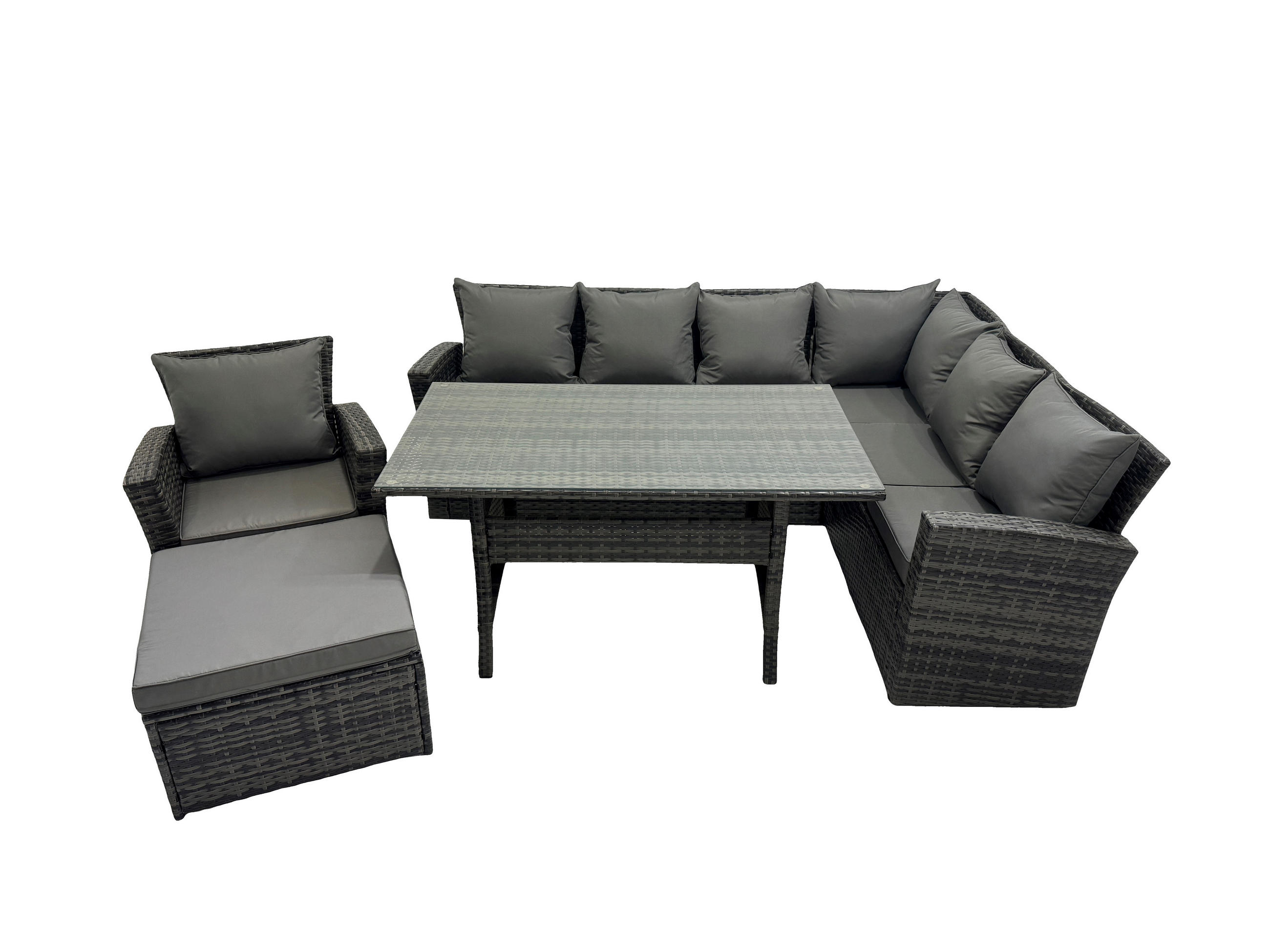 LOUNGEGARNITUR mit Esstisch Sofa Polyrattan Dunkelgrau 8-Sitzer - Dunkelgrau/Grau, Glas/Kunststoff - Fimous