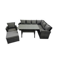 LOUNGEGARNITUR mit Esstisch Sofa Polyrattan Dunkelgrau 8-Sitzer - Dunkelgrau/Grau, Glas/Kunststoff - Fimous