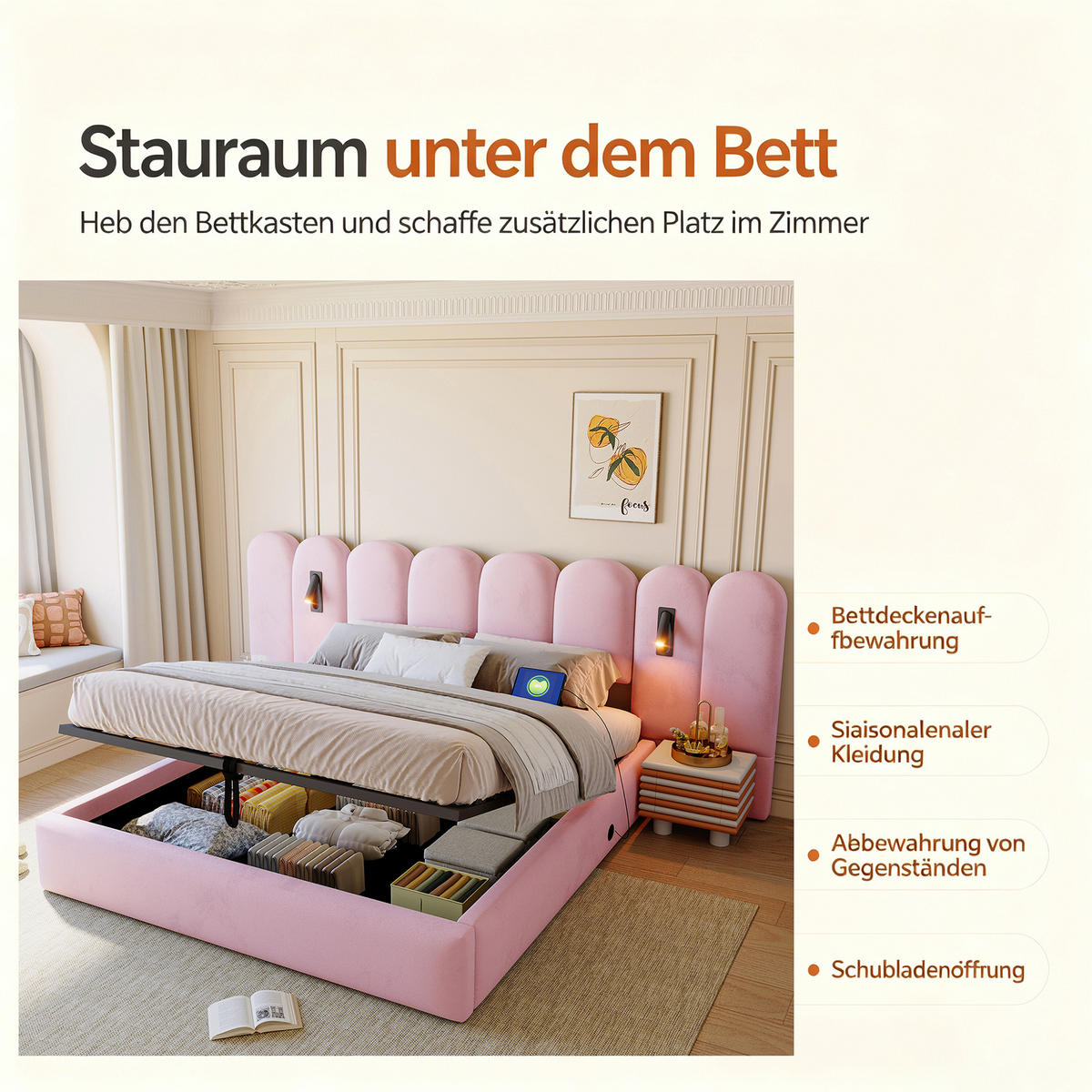 BOXBETT 180/200 mit Wolken Kopfteil, Bettkasten/Leselampe/USB, Samt, Rosa - Rosa, Holz/Textil (180/200cm) - LVHOM