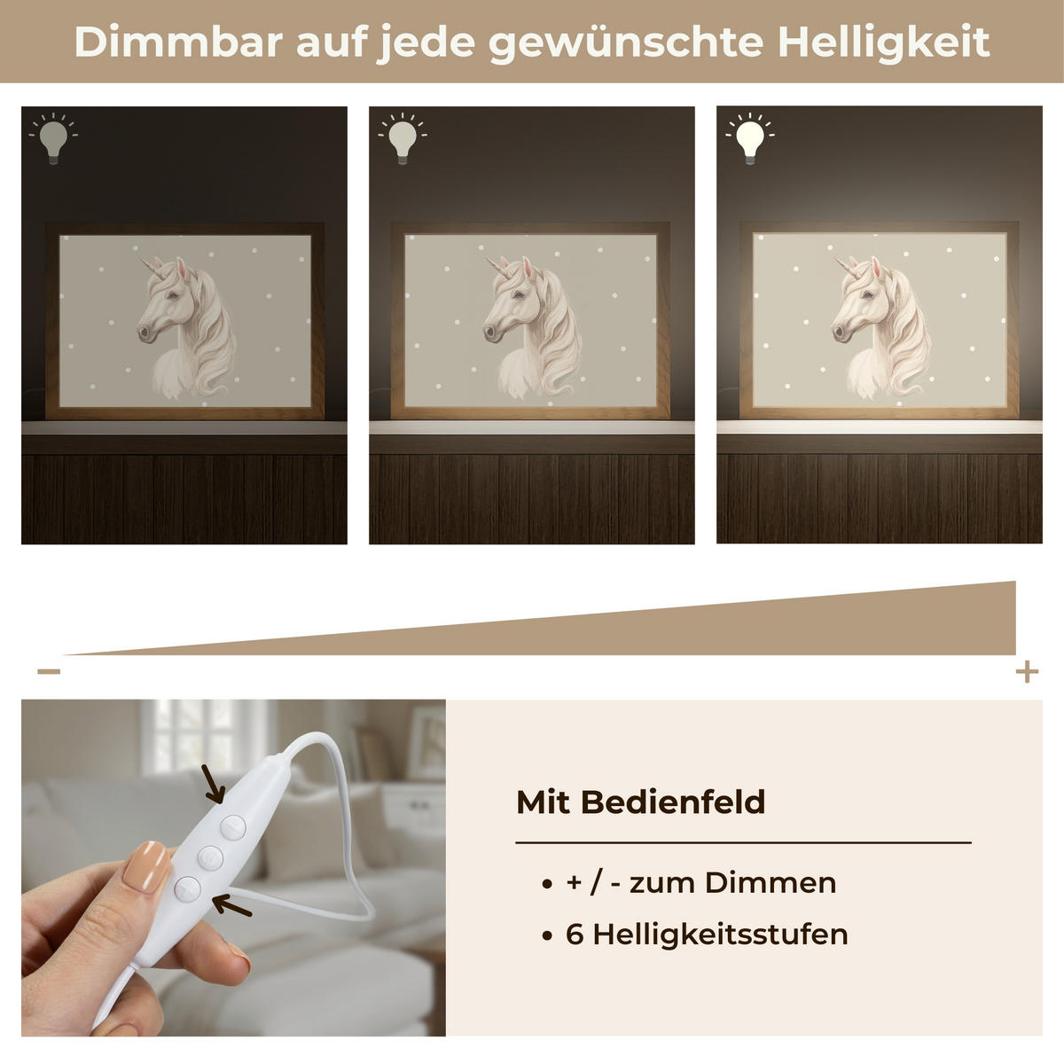 NÁSTĚNNÁ LAMPA Jednorožec - bílý - tečky 30x20 cm - šedohnědá, kompozitní dřevo (30/20/8cm) - OnlyWow