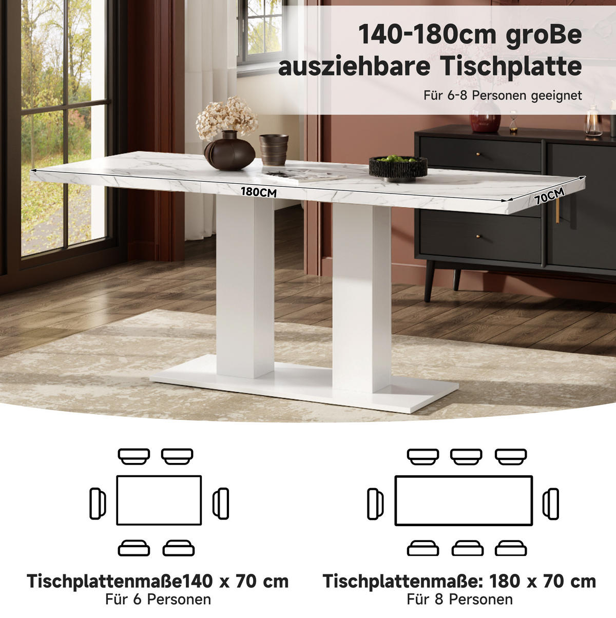 JÍDELNÍ stůl 140/180/70 cm bílý z MDF s rozkládací deskou a dvojitou podnoží - bílá, kompozitní dřevo (180/70/75cm) - OKWISH