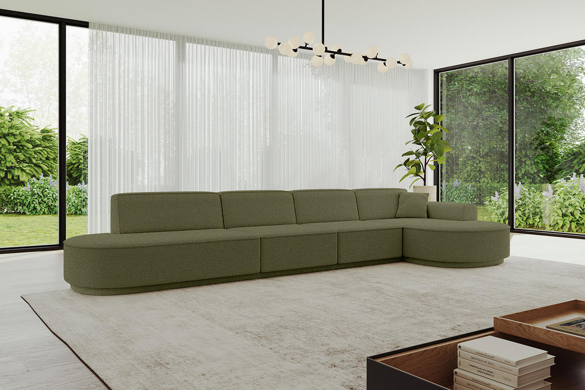 ECKSOFA Ottomane Rechts MARI-L3-v3 - 413x171x83 cm Grün Bouclé - Schwarz/Grün, Holzwerkstoff/Kunststoff (171/413cm) - ALTDECOR