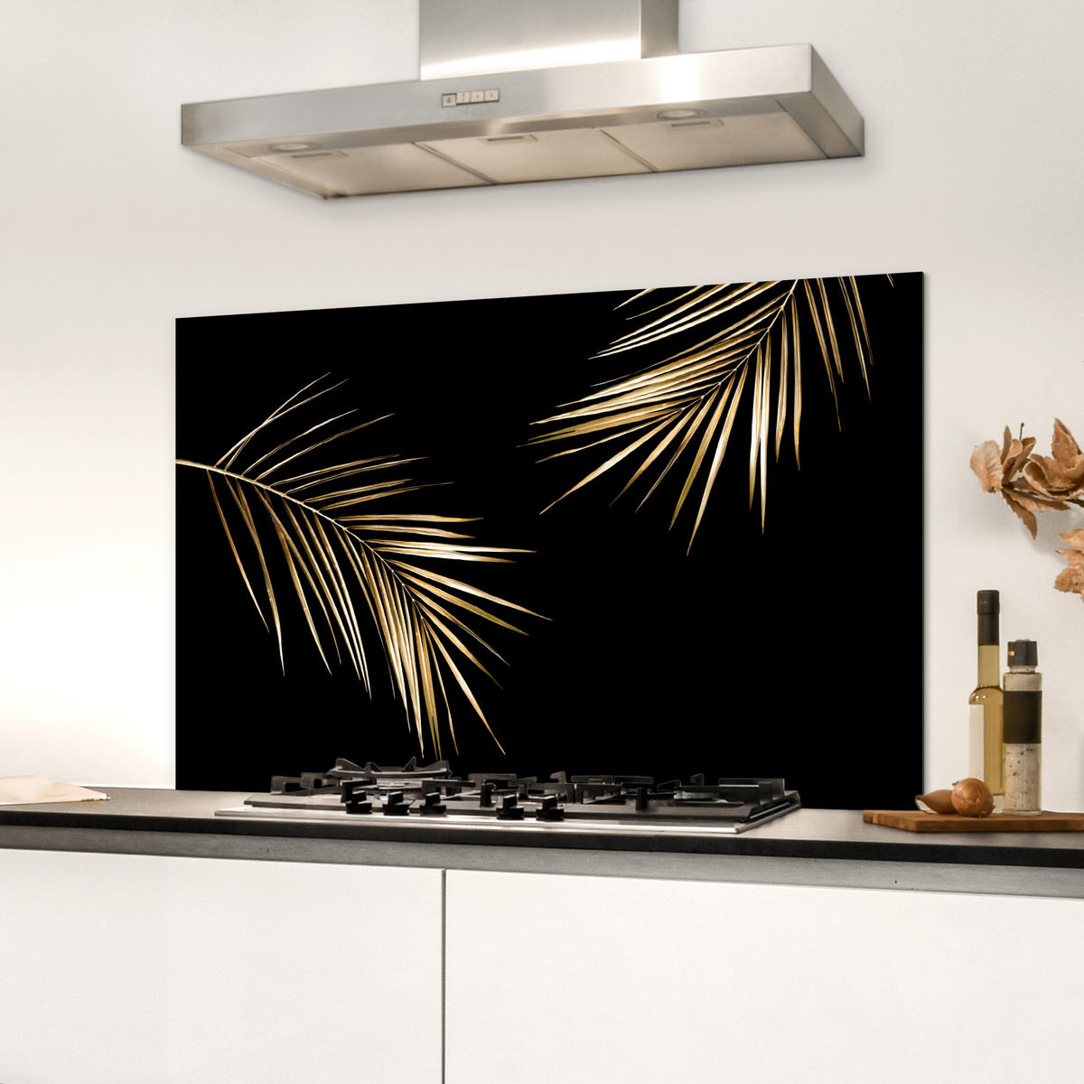 SPRITZSCHUTZ KÜCHE Blätter - Pflanzen - Gold - Schwarz - Luxus 90x60 cm - Goldfarben, Metall (90/0.3/60cm) - MuchoWow