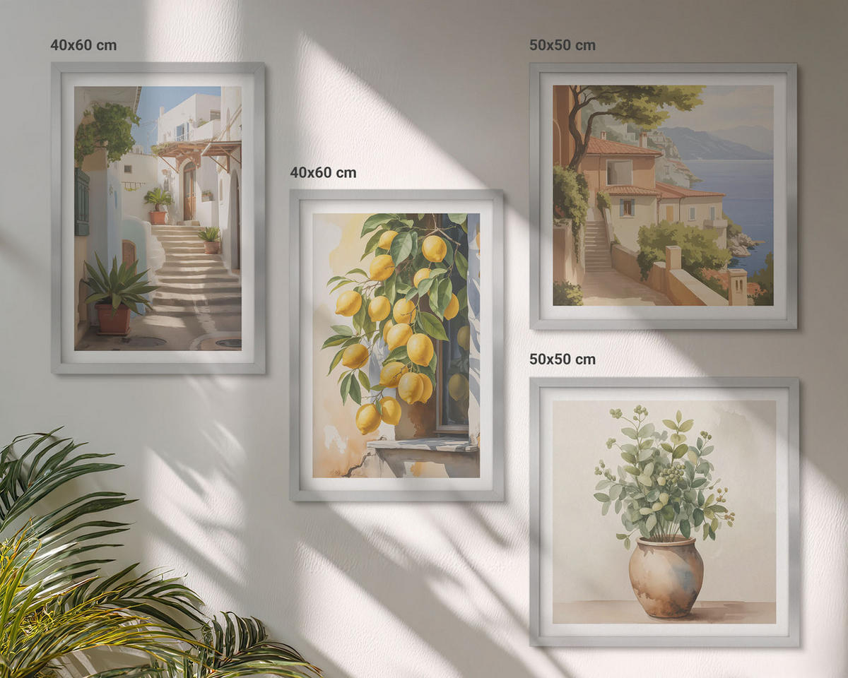WANDBILDER 4er Set - 50x50 cm & 40x60 cm Silberner Rahmen - Zitronenblumen im Topf, Straßen - Silberfarben, Kunststoff (50/50cm) - ArtPrintCave