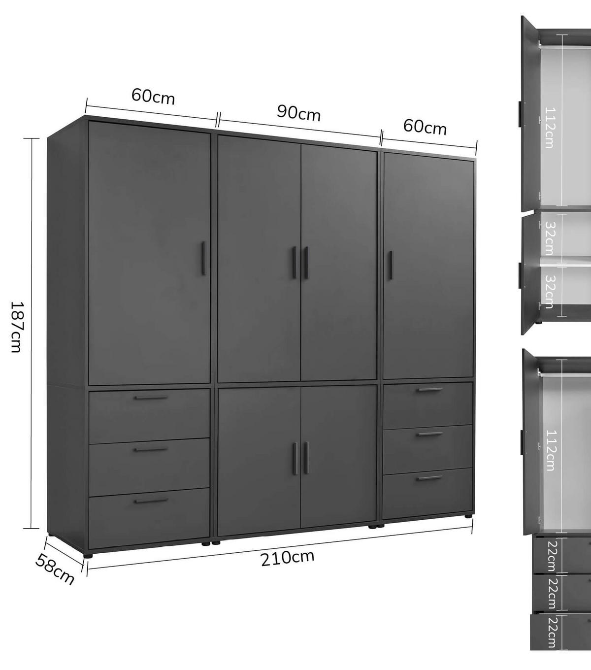 KLEIDERSCHRANK Der Grenzenlose - Anthrazit, Holzwerkstoff (210/187/58cm) - Mokebo