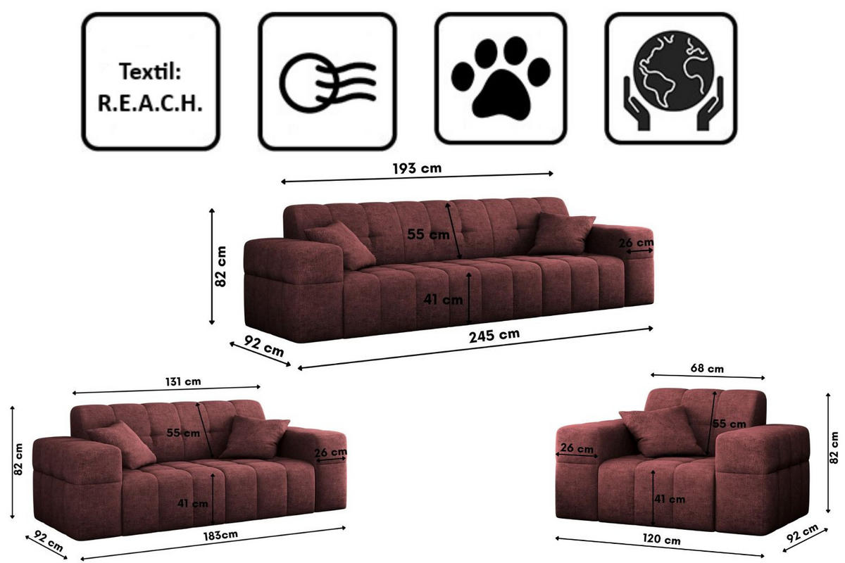 SITZGARNITUR 3+2+1 NIMES Stoff Perfect Harmony Rotwein - Rot, Holz/Textil (245/82/92cm) - Kaiser Möbel