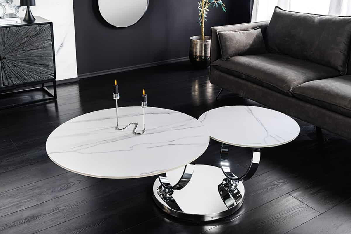 COUCHTISCH DANCING RINGS Marmor rund Silber|Weiß 80cm - Silberfarben/Braun, Keramik/Metall (80/80/44cm) - riess-ambiente