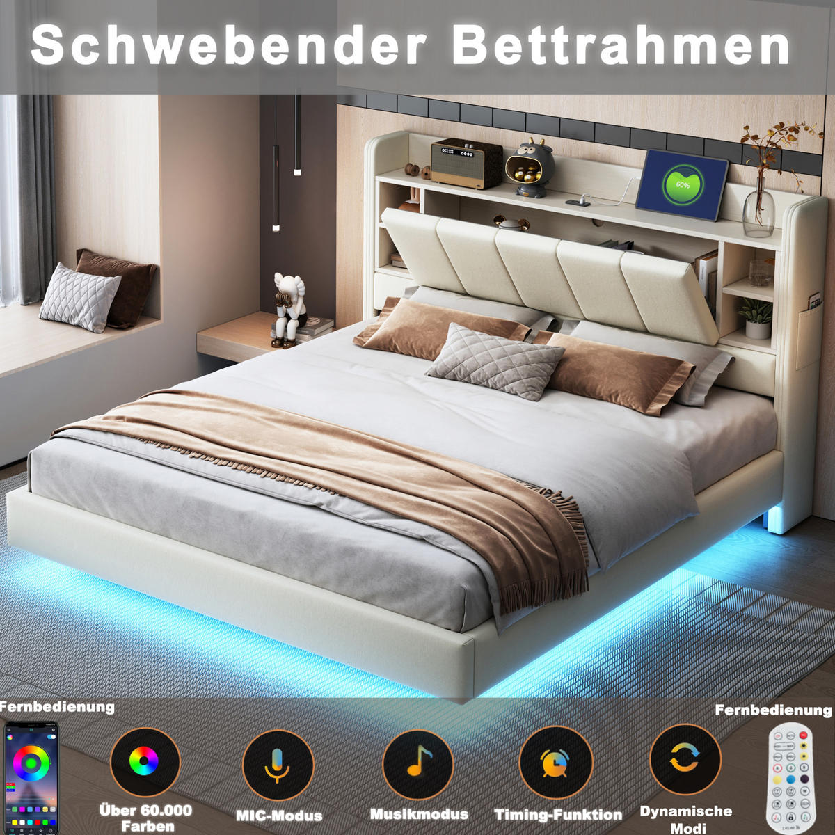 POLSTERBETT mit Stauraum und LED/USB 160x200 cm Beige - Beige, Metall (160/200cm) - Meubliv