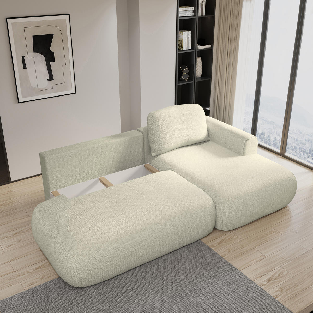 ECKSOFA NUVIRA R-S Creme Geflochtener Stoff mit Schlaffunktion - Creme, Holz (274/165cm) - MASSENO