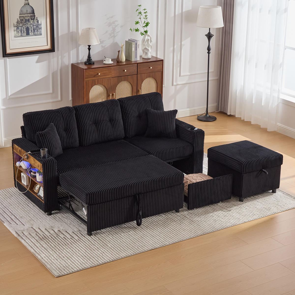 SOFA mit Schlaffunktion und Stauraum mit USB-C & LED-Beleuchtung Schwarz 196/82-144/85 cm - Schwarz, Textil (196/85/82cm) - OKWISH