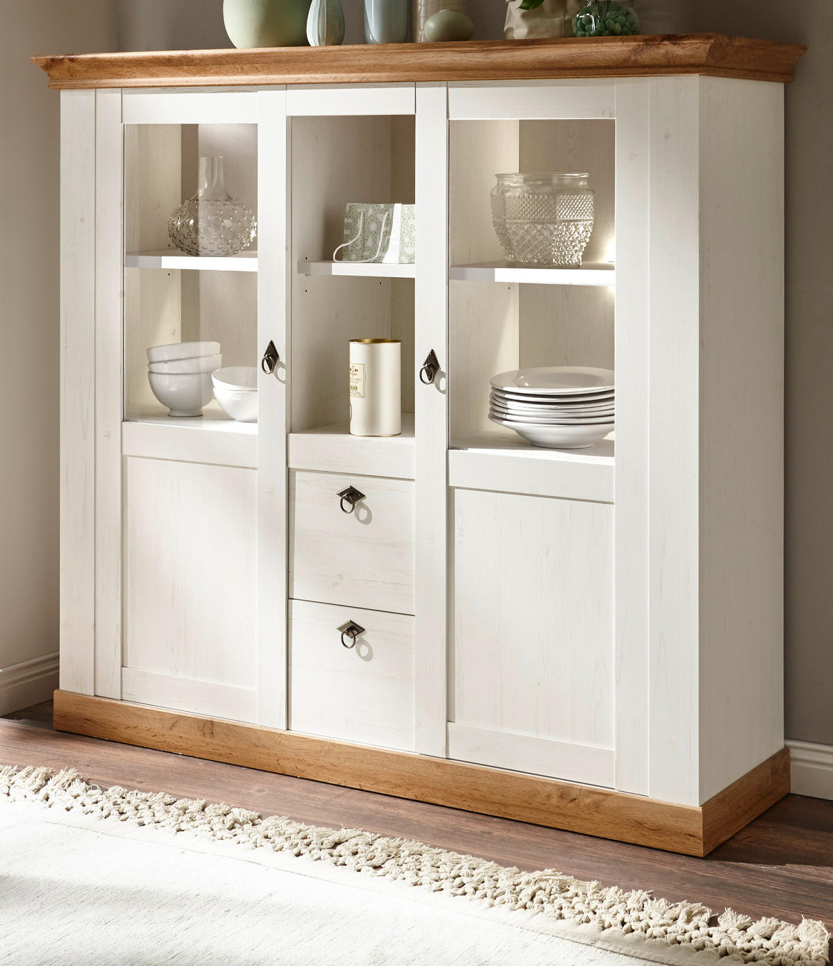 HIGHBOARD weiß Pinie, Eiche Wotan, Landhaus Buffet 148 x 140 cm - Silberfarben/Eiche Wotan, Glas/Holzwerkstoff (148/139/44cm) - Furn.Design