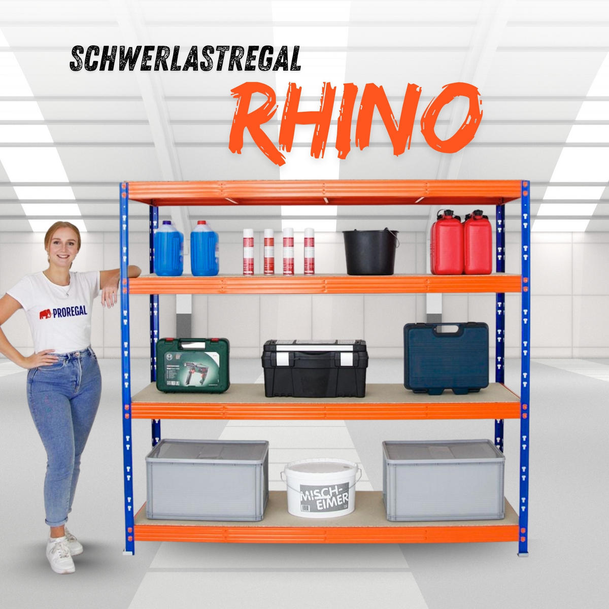 SCHWERLASTREGAL Rhino 180x200x60 cm 4 Spanplatten-Ebenen 8mm Fachlast 500 kg Blau/Orange - Blau/Orange, Metall (200/180/60cm) - PROREGAL