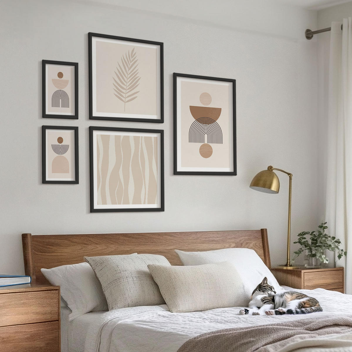 WANDBILDER 5er-Set - 50x50 cm & 20x30 cm & 40x60 cm Schwarzer Rahmen - Abstrakte Formen braun beige - Schwarz, Kunststoff (40/60cm) - ArtPrintCave
