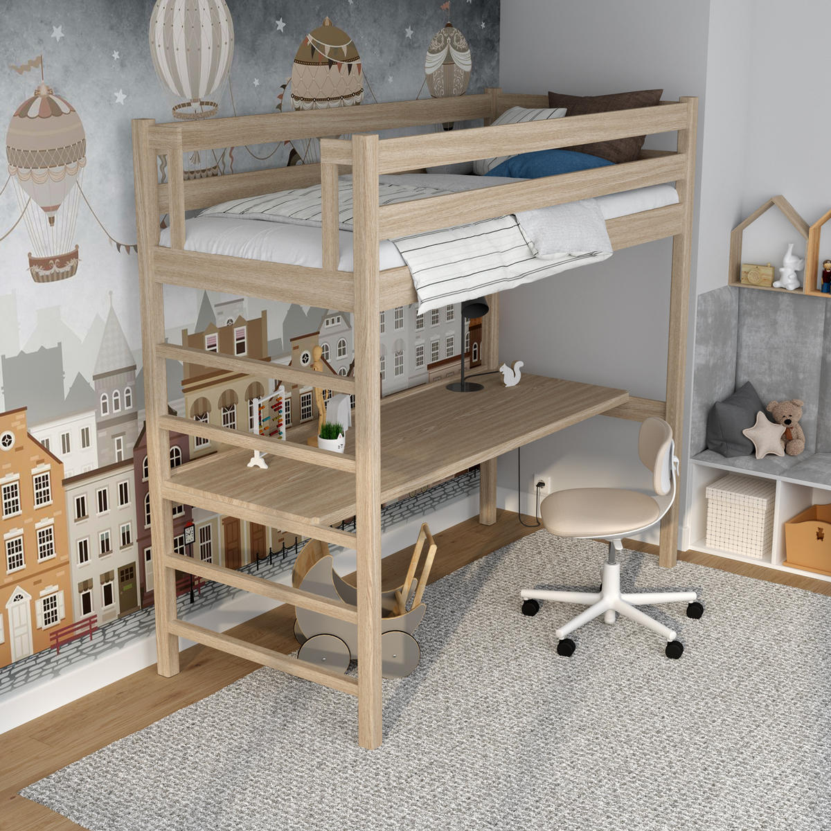 HOCHBETT N01 mit Schreibtisch Sonoma Eiche 80/200 - Sonoma Eiche, Naturmaterialien/Holz (80/200cm) - N-Wood