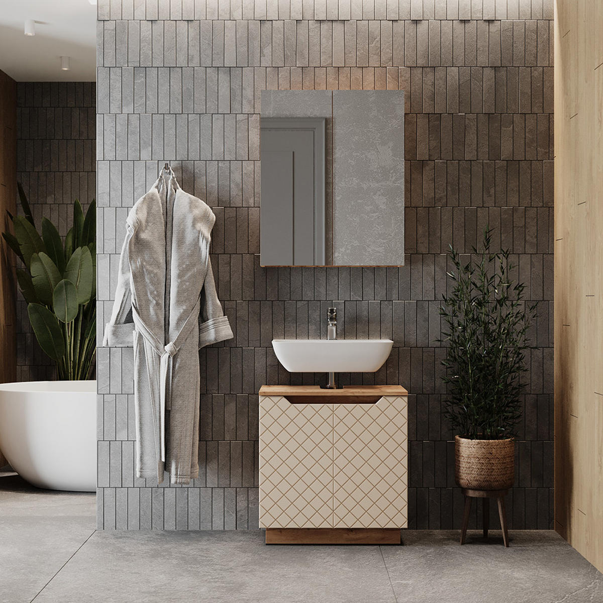 KOUPELNOVÝ NÁBYTEK Lotta Dub/kašmír se strukturou dlaždic - kašmírová, kompozitní dřevo (59.8/62.5/32cm) - Vicco